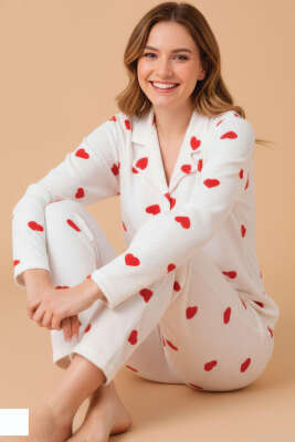 Gömlek Yaka Desenli Waffle Pijama Takımı Beyaz 