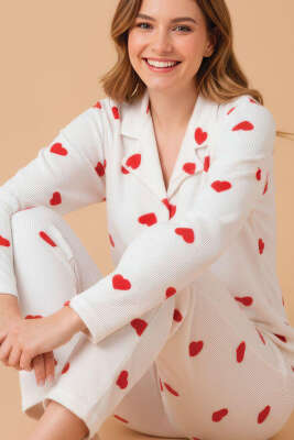 Gömlek Yaka Desenli Waffle Pijama Takımı Beyaz - Pijama