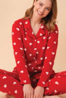 Gömlek Yaka Desenli Waffle Pijama Takımı Kırmızı - Pijama