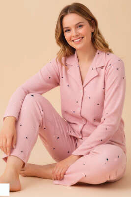 Gömlek Yaka Desenli Waffle Pijama Takımı Pudra 