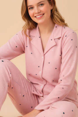 Gömlek Yaka Desenli Waffle Pijama Takımı Pudra - Pijama