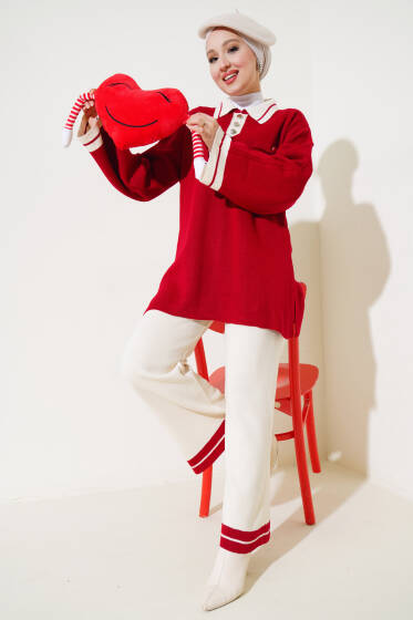 Gömlek Yaka Düğme Detaylı Triko İkili Takım Kırmızı - İkili Takım