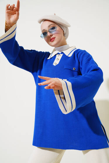 Gömlek Yaka Düğme Detaylı Triko İkili Takım Saks - İkili Takım