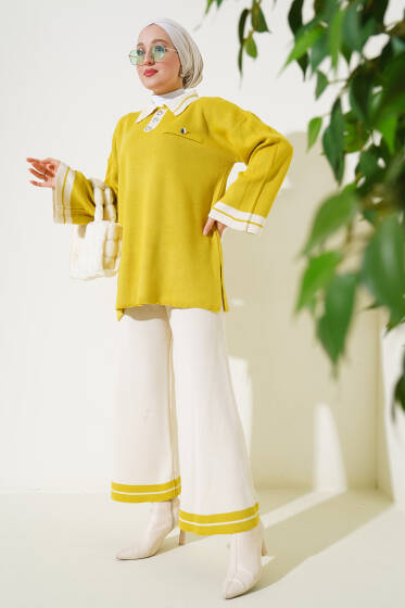 Gömlek Yaka Düğme Detaylı Triko İkili Takım Yağ Yeşili - İkili Takım