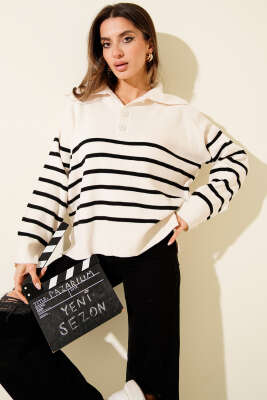 Gömlek Yaka Düğmeli Çizgili Triko Kazak Bej - HELLIE