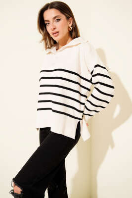 Gömlek Yaka Düğmeli Çizgili Triko Kazak Bej - Kadın Giyim Modelleri