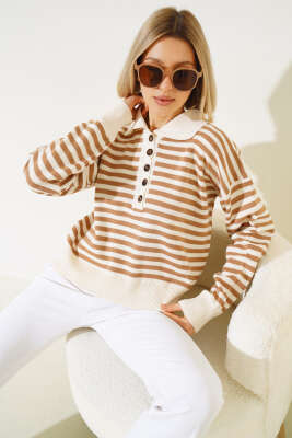 Gömlek Yaka Düğmeli Çizgili Triko Kazak Bej Latte - Kadın Giyim Modelleri