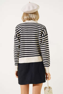 Gömlek Yaka Düğmeli Çizgili Triko Kazak Bej Siyah - Kadın Giyim Modelleri