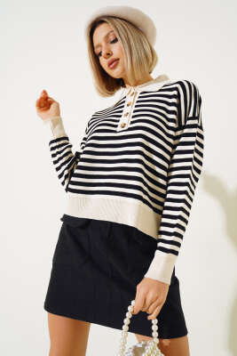 Gömlek Yaka Düğmeli Çizgili Triko Kazak Bej Siyah - Kadın Giyim Modelleri