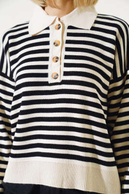 Gömlek Yaka Düğmeli Çizgili Triko Kazak Bej Siyah - Kadın Giyim Modelleri