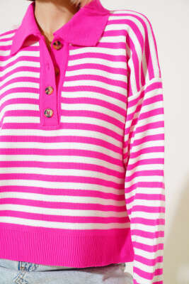 Gömlek Yaka Düğmeli Çizgili Triko Kazak Fuşya - Kadın Giyim Modelleri