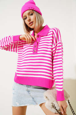 Gömlek Yaka Düğmeli Çizgili Triko Kazak Fuşya - Kadın Giyim Modelleri