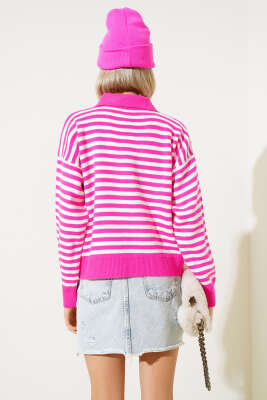 Gömlek Yaka Düğmeli Çizgili Triko Kazak Fuşya - Kadın Giyim Modelleri