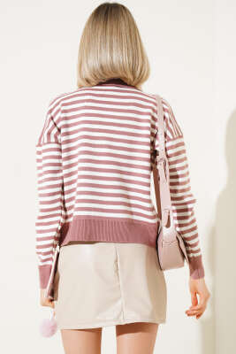 Gömlek Yaka Düğmeli Çizgili Triko Kazak Gül Kurusu - Kadın Giyim Modelleri