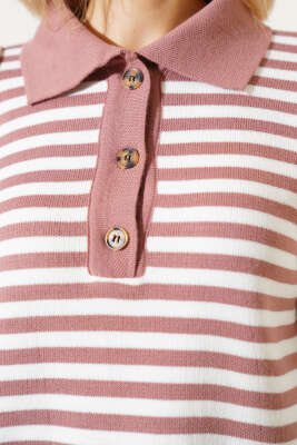 Gömlek Yaka Düğmeli Çizgili Triko Kazak Gül Kurusu - Kadın Giyim Modelleri