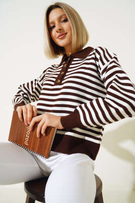 Gömlek Yaka Düğmeli Çizgili Triko Kazak Kahve - Kadın Giyim Modelleri