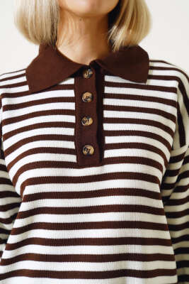 Gömlek Yaka Düğmeli Çizgili Triko Kazak Kahve - Kadın Giyim Modelleri