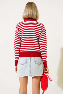 Gömlek Yaka Düğmeli Çizgili Triko Kazak Kırmızı - Kadın Giyim Modelleri