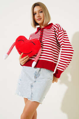 Gömlek Yaka Düğmeli Çizgili Triko Kazak Kırmızı - Kadın Giyim Modelleri