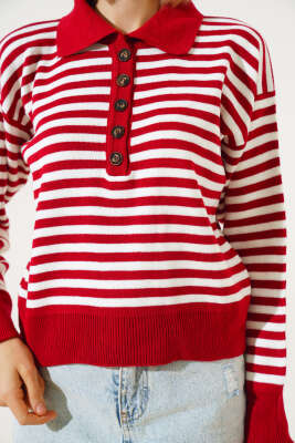 Gömlek Yaka Düğmeli Çizgili Triko Kazak Kırmızı - Kadın Giyim Modelleri