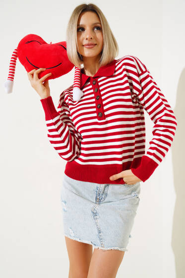 Gömlek Yaka Düğmeli Çizgili Triko Kazak Kırmızı - Yeni Giyim