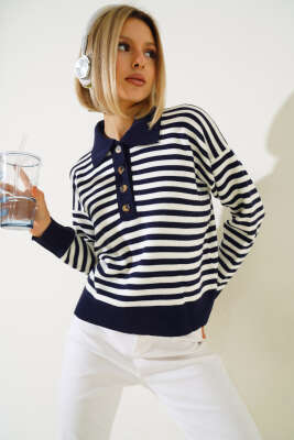 Gömlek Yaka Düğmeli Çizgili Triko Kazak Lacivert 