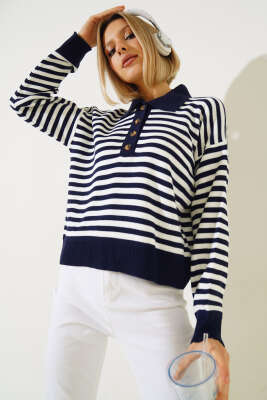 Gömlek Yaka Düğmeli Çizgili Triko Kazak Lacivert - Kadın Giyim Modelleri