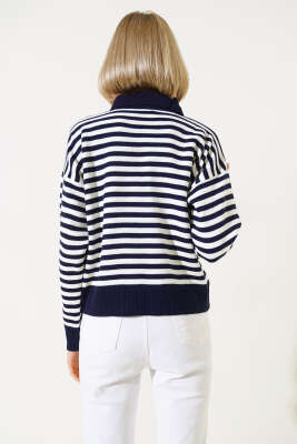 Gömlek Yaka Düğmeli Çizgili Triko Kazak Lacivert - Kadın Giyim Modelleri