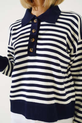 Gömlek Yaka Düğmeli Çizgili Triko Kazak Lacivert - Kadın Giyim Modelleri