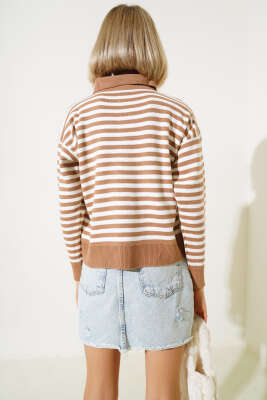 Gömlek Yaka Düğmeli Çizgili Triko Kazak Latte - Kadın Giyim Modelleri