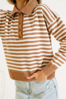 Gömlek Yaka Düğmeli Çizgili Triko Kazak Latte - Kadın Giyim Modelleri