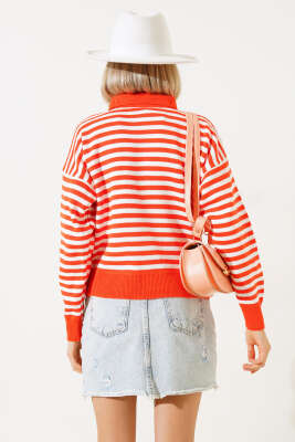 Gömlek Yaka Düğmeli Çizgili Triko Kazak Oranj - Kadın Giyim Modelleri