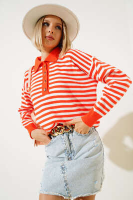 Gömlek Yaka Düğmeli Çizgili Triko Kazak Oranj - Kadın Giyim Modelleri