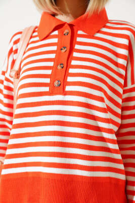 Gömlek Yaka Düğmeli Çizgili Triko Kazak Oranj - Kadın Giyim Modelleri