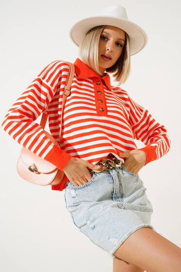 Gömlek Yaka Düğmeli Çizgili Triko Kazak Oranj - Yeni Giyim