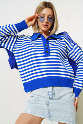 Gömlek Yaka Düğmeli Çizgili Triko Kazak Saks - Kadın Giyim Modelleri