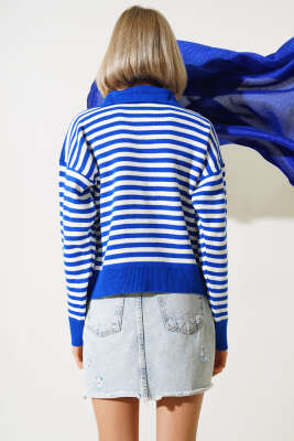 Gömlek Yaka Düğmeli Çizgili Triko Kazak Saks - Kadın Giyim Modelleri