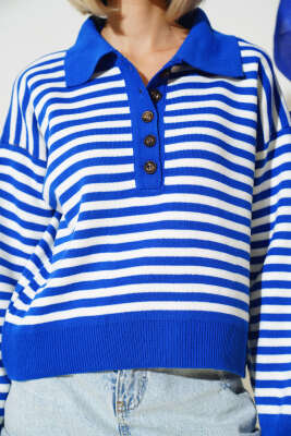 Gömlek Yaka Düğmeli Çizgili Triko Kazak Saks - Kadın Giyim Modelleri