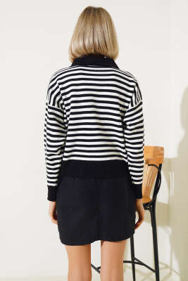 Gömlek Yaka Düğmeli Çizgili Triko Kazak Siyah - Kadın Giyim Modelleri