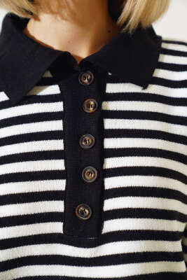 Gömlek Yaka Düğmeli Çizgili Triko Kazak Siyah - Kadın Giyim Modelleri