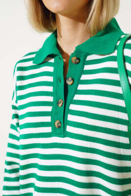 Gömlek Yaka Düğmeli Çizgili Triko Kazak Yeşil - Kadın Giyim Modelleri