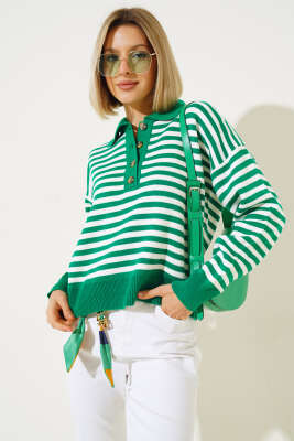 Gömlek Yaka Düğmeli Çizgili Triko Kazak Yeşil - Kadın Giyim Modelleri