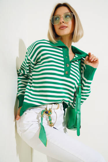 Gömlek Yaka Düğmeli Çizgili Triko Kazak Yeşil - Yeni Giyim