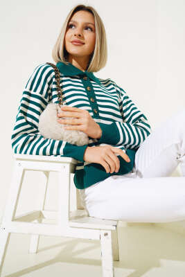 Gömlek Yaka Düğmeli Çizgili Triko Kazak Zümrüt - Kadın Giyim Modelleri