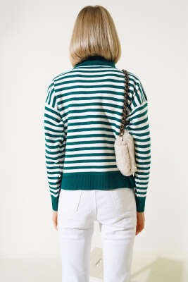 Gömlek Yaka Düğmeli Çizgili Triko Kazak Zümrüt - Kadın Giyim Modelleri