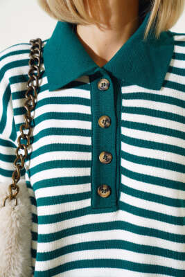 Gömlek Yaka Düğmeli Çizgili Triko Kazak Zümrüt - Kadın Giyim Modelleri