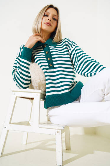 Gömlek Yaka Düğmeli Çizgili Triko Kazak Zümrüt - Yeni Giyim