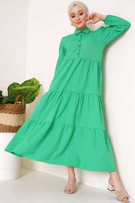 Gömlek Yaka Düğmeli Elbise Yeşil - Thumbnail
