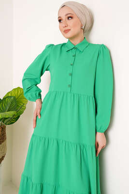 Gömlek Yaka Düğmeli Elbise Yeşil - Thumbnail