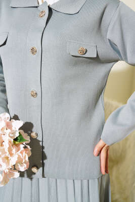 Gömlek Yaka Düğmeli Etekli Triko Takım Gri - Triko İkili Takım